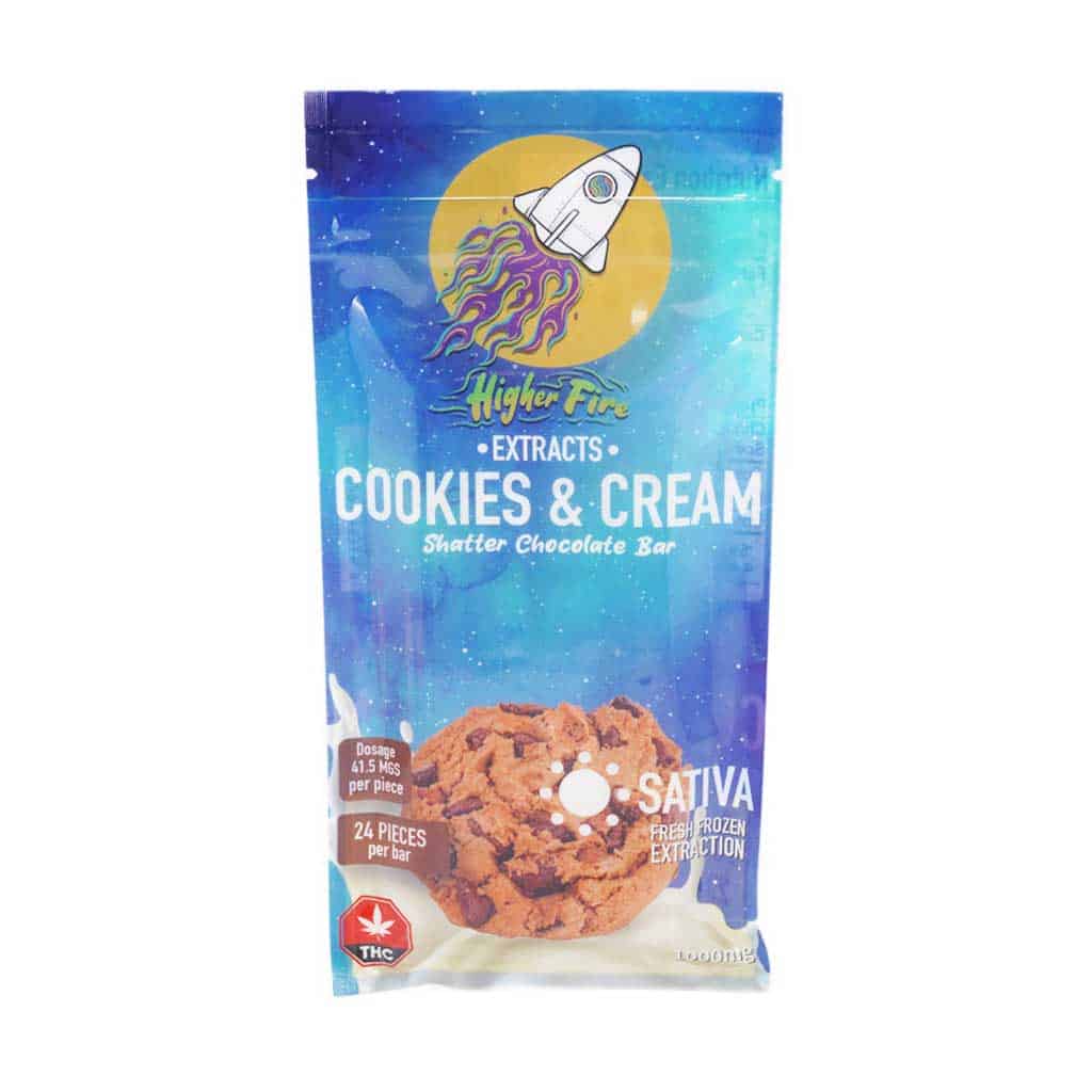 Higher Fire Extracts - Shatter Chocolate Bar - Cookies and Cream 2000mg THC (Sativa)
