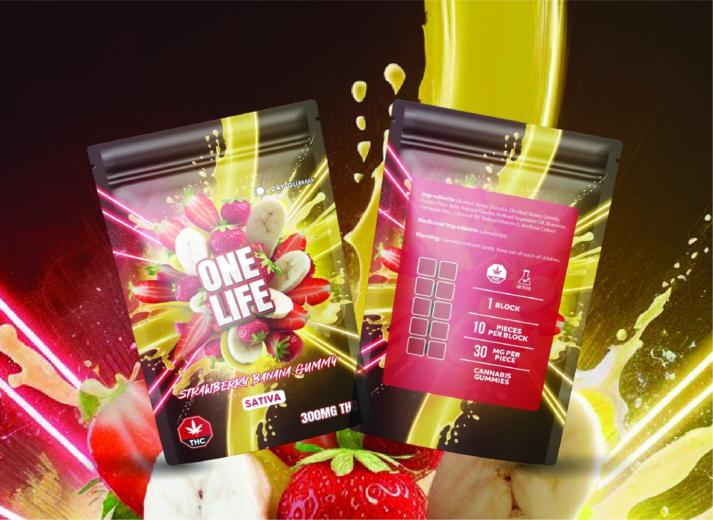 One Life Edibles - Strawberry Banana Gummy - 300mg THC (Sativa)