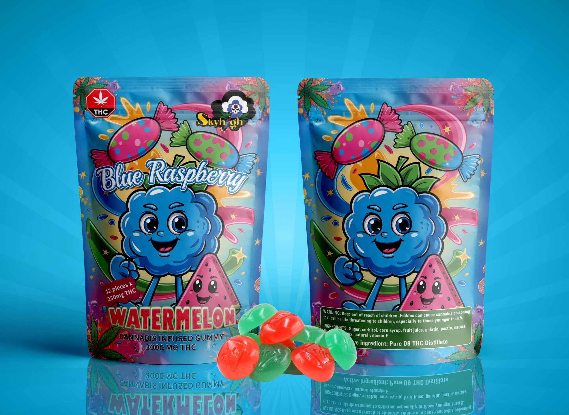 Sky High Edibles - Blue Raspberry + Watermelon Gummy 3000mg THC